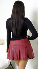 Nerix Pleated PU Leather Skirt - Brick Red