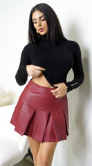 Nerix Pleated PU Leather Skirt - Brick Red