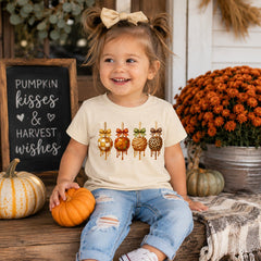 Tea-Shirt Shoppe cream graphic tee featuring four caramel apples with bows, worn by a toddler in a fall setting.