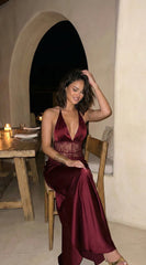 Ravena Lace Satin Detail Halter Maxi Dress - Red