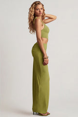 Textured Jersey Asymmetric Maxi Dress in Olive Green