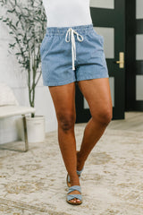 Boardwalk Talks drawstring shorts in dark blue heavyweight woven fabric