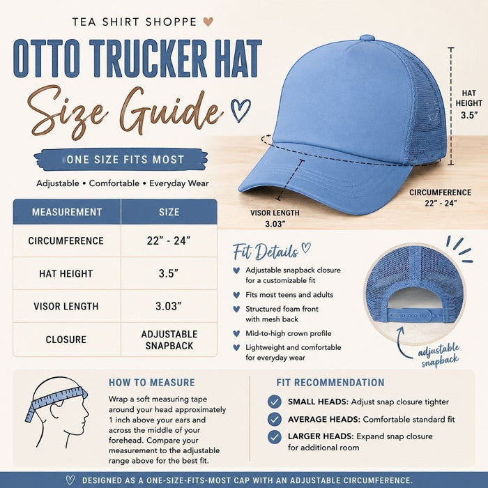 Tea Shirt Shoppe blue trucker hat with mesh back, high crown, and adjustable snap closure. One size fits most.