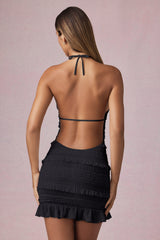 Ruffled Backless Halterneck Mini Dress in Black