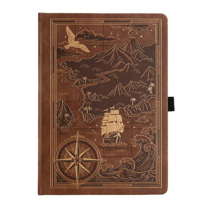 Brown notebook with debossed mountain and ship design on a white background